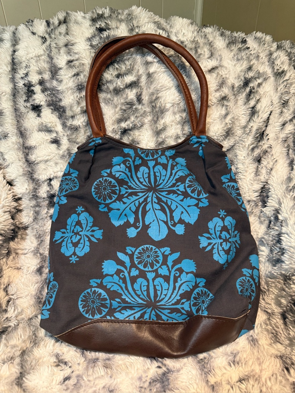 Mongoose Brown & Blue Floral Tote Bag Purse - Picture 4 of 4